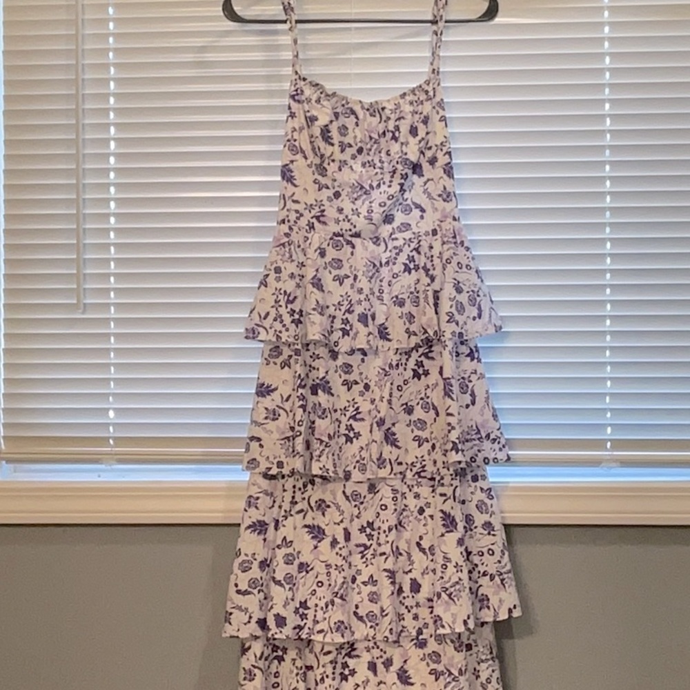 White and purple maxi tiered ruffle layered woman casual dress. Spaghetti strap.